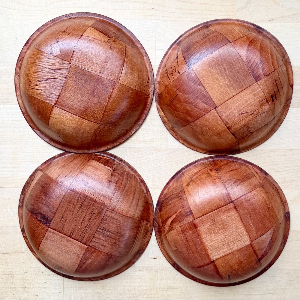 Vintage Woven Parquet Weave Wood Salad Soup Bowls Mid Century Modern Set Of 4 - Picture 2 of 3